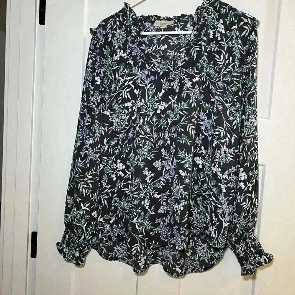 Loft Outlet Women’s Long Sleeve Floral Blue Grey Blouse Size Large